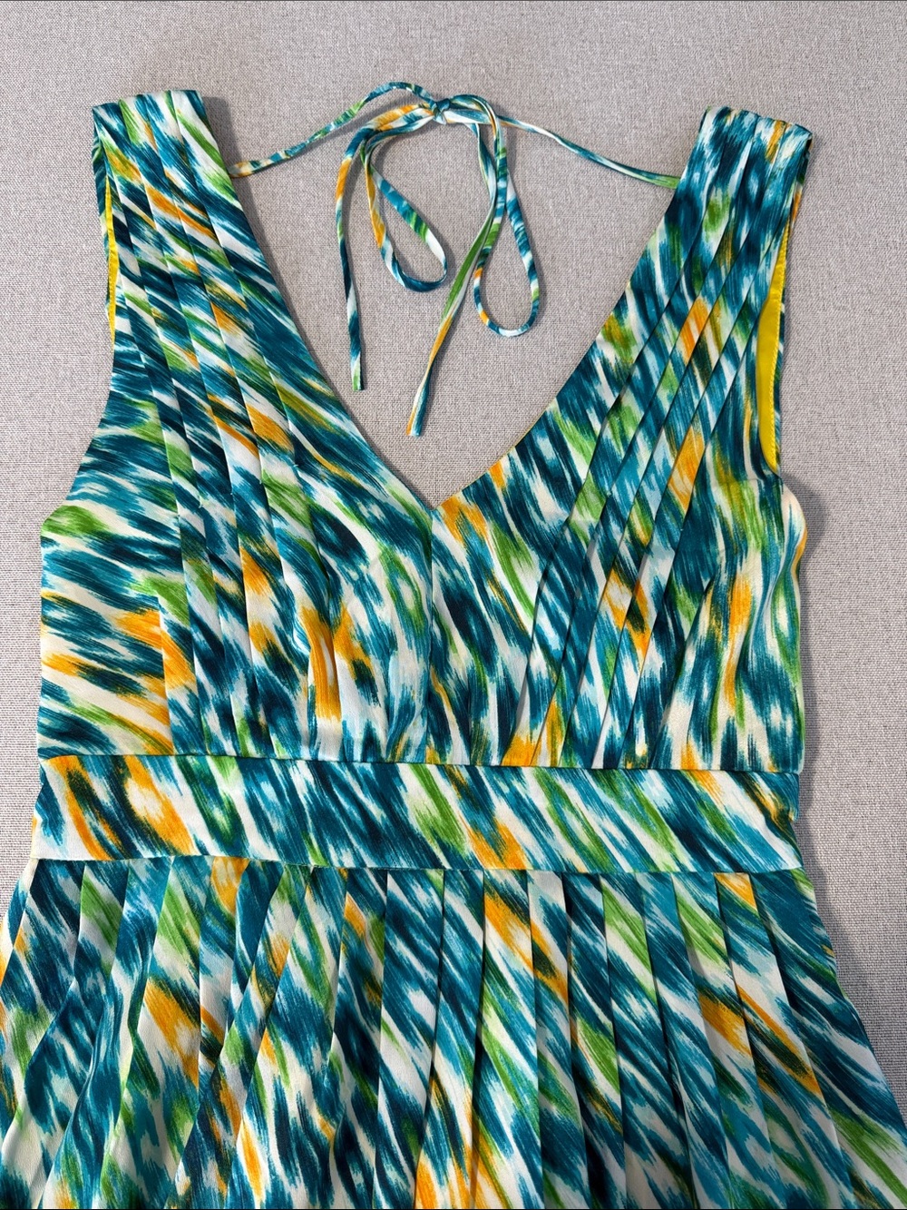 Runway Couture Sleeveless Teal & Yellow Printed V-Neck Dress SZS - Picture 14 of 15